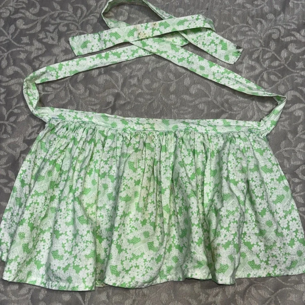 Vintage Green White Floral Calico Half Apron Cottagecore Retro Gathered Waist‎